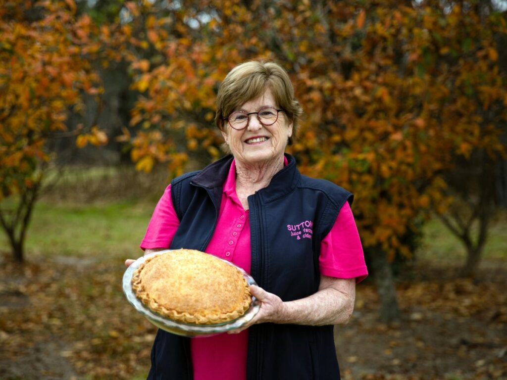Ros Sutton with iconic Sutton's Farm apple pie in Stanthorpe.